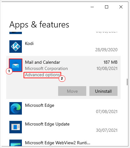 click on Advanced Options in mail and calendar