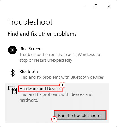 click on troubleshoot in hardware and devices