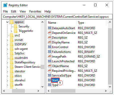 double click on Start in registry editor