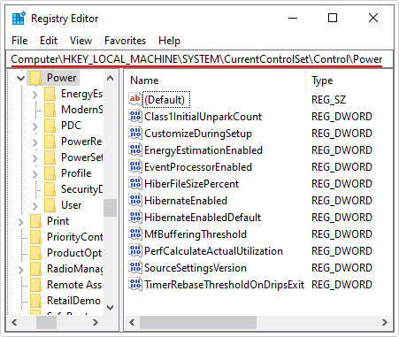 navigate to \Control\Power path in registry editor