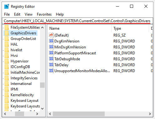 go to registry path GraphicsDrivers