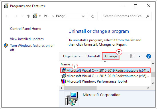 select Microsoft Visual and click on change