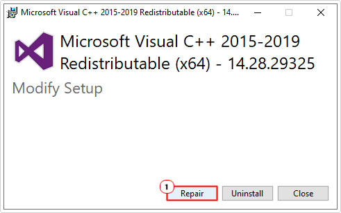 select repair from Microsoft Visual dialog box