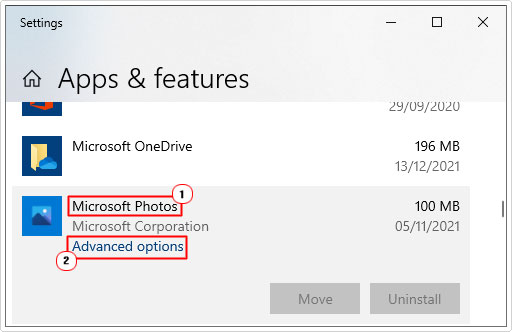 click on Microsoft Photos then advanced options