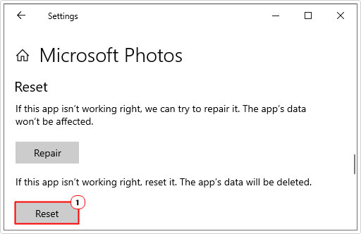 click on Reset for Microsoft photos