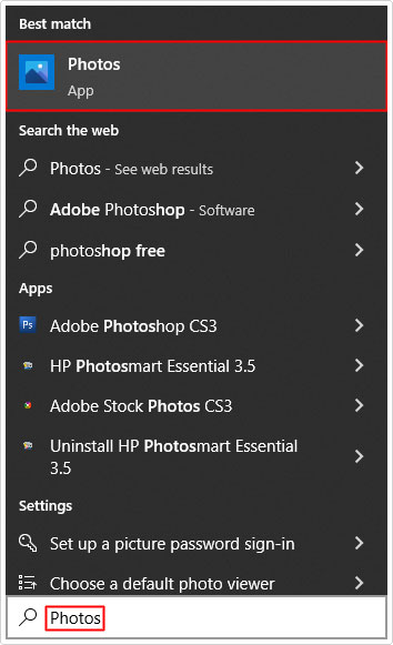 type Photos into search box click on photos apps