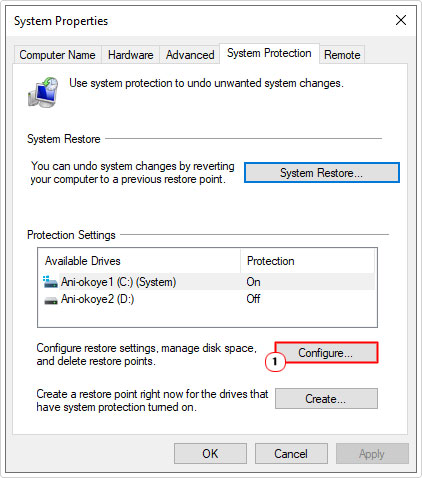 click on Configure in system protection