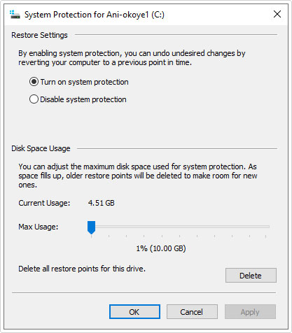 system restore configure screen 