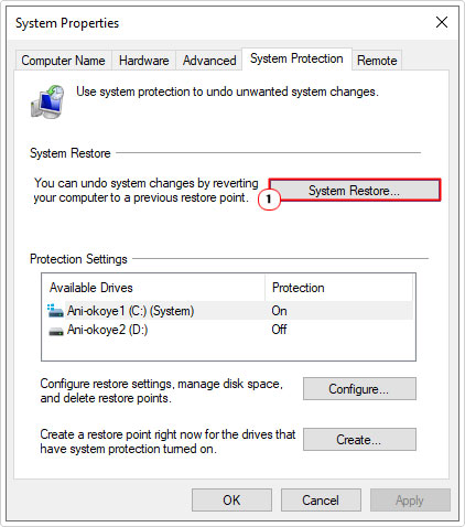 click on system restore from system protection