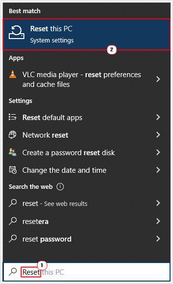 click on reset this pc from search box