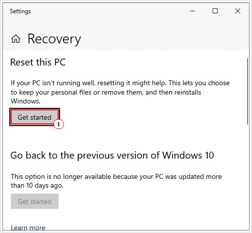 click on get started from reset this pc