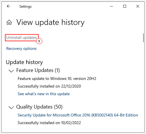 click on uninstall updates on view update history