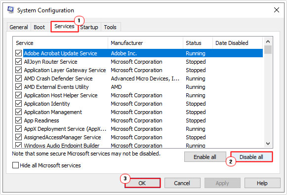 disable all services in system configuration