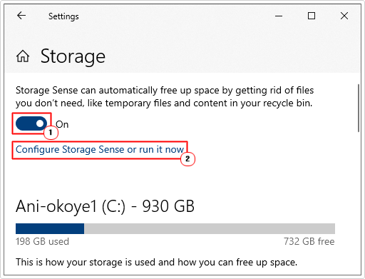 enable Storage Sense click on options