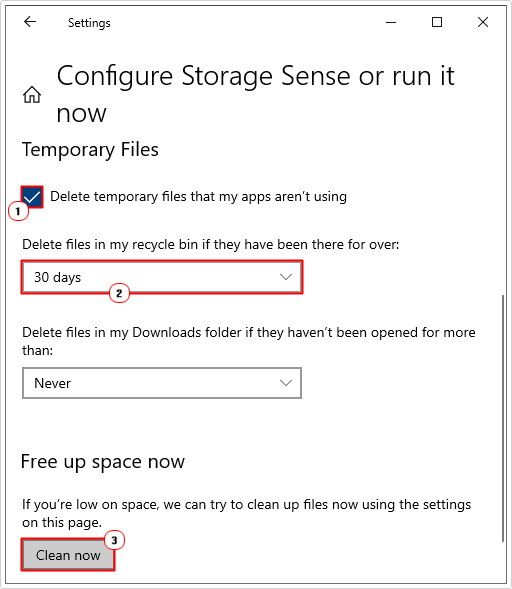 set Storage Sense and click on clean now