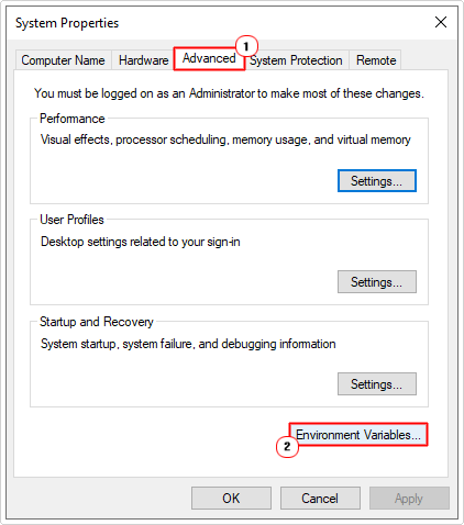 click on Environment Variables in advanced tab