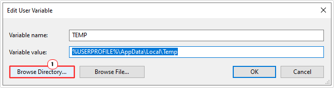 select Browse Directory in edit user variable