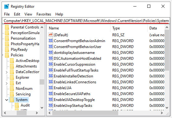 go to CurrentVersion\Policies\System path in registry editor