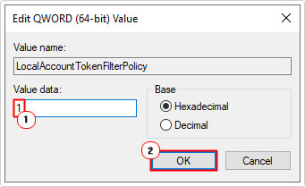 set Value data to 1 then click on ok