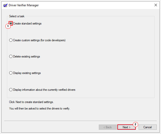 select Create Standard Settings in verifier manager