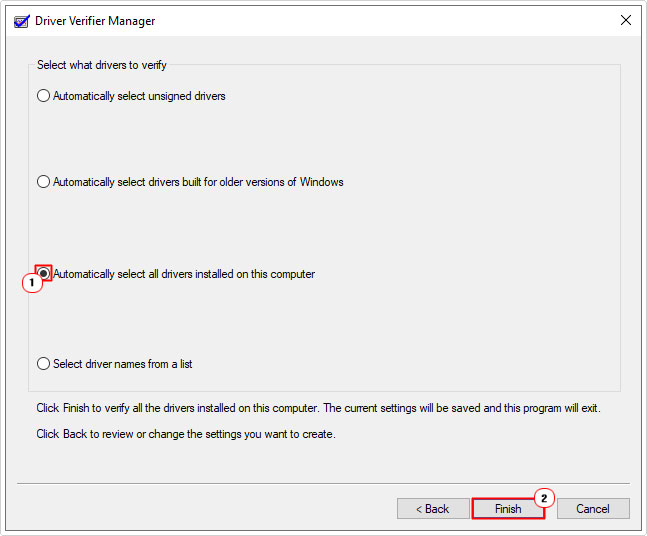 select Automatically select all drivers in verifier manager