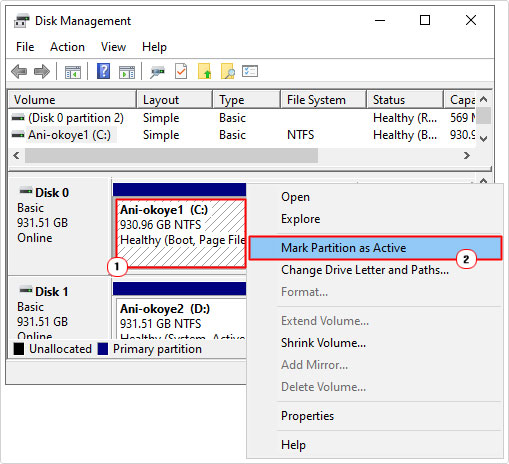 select primary partition as Mark Partition as Active