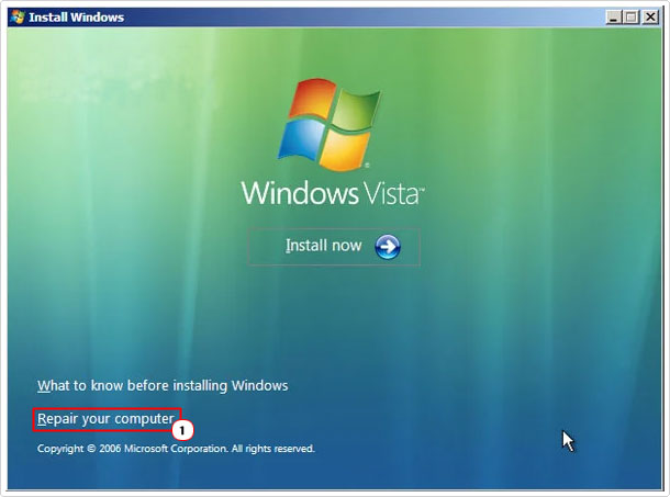 click on repair your computer in windows vista setup