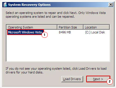 select windows vista in System Recovery Option