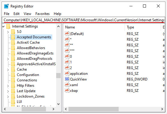 go to registry path Accepted Documents