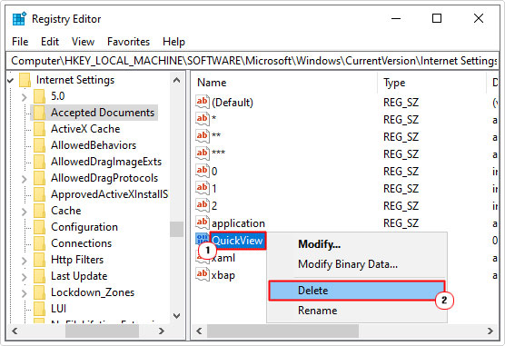 delete QuickView in registry