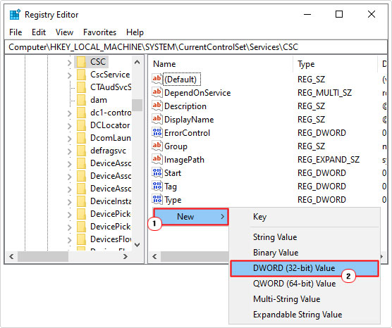 create a new dword in CSC registry path