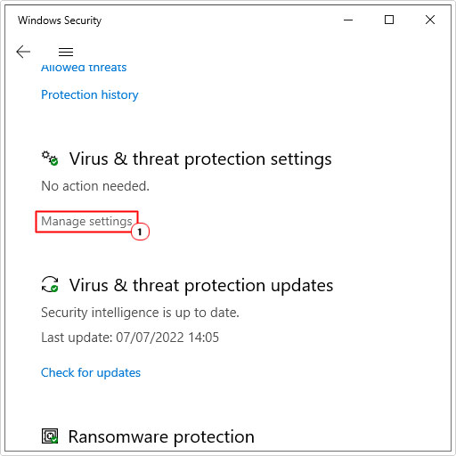 click on manage settings from Virus & threat protection settings