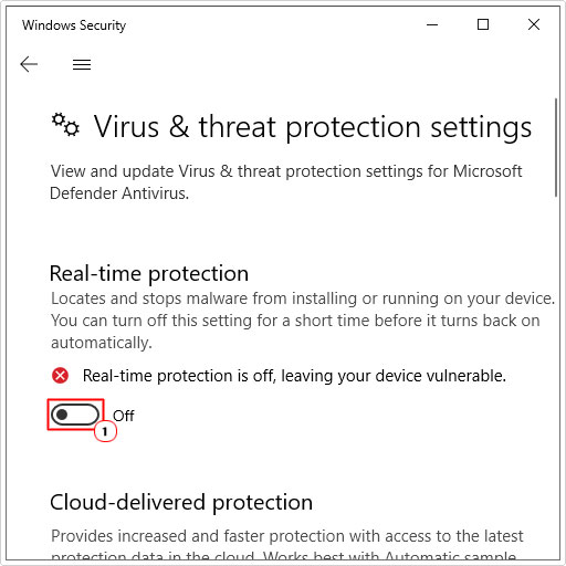turn off Real-time protection in virus and threat protection settings