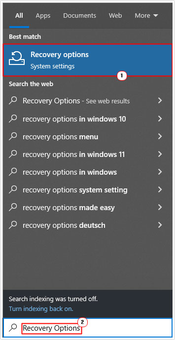 click on Recovery Options from Windows search