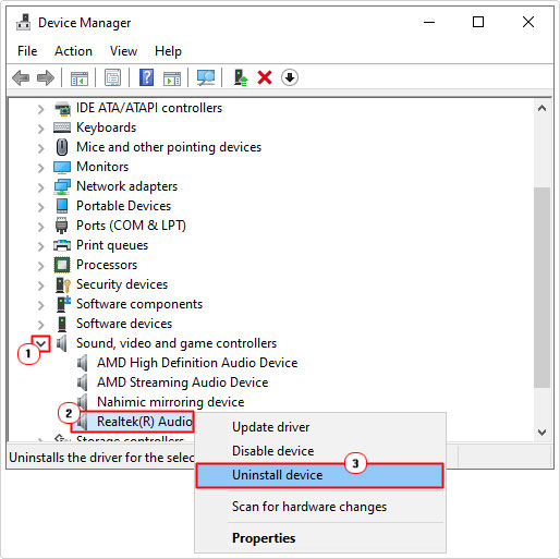 uninstall audio device in device manager