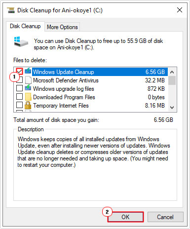 Select temp windows update files then click on OK