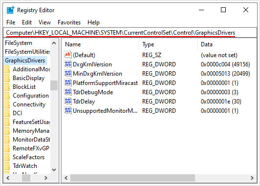 visit GraphicsDrivers registry path in registry editor