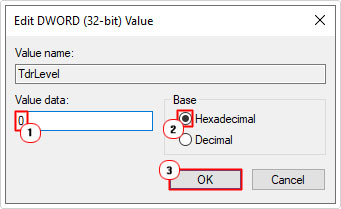 set TdrLevel value data to 0