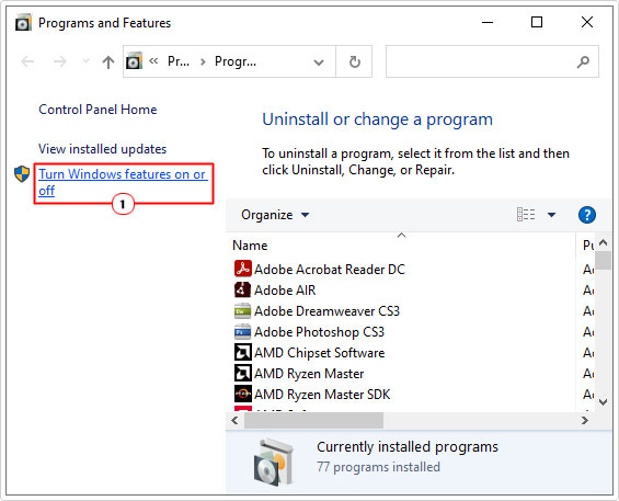 click on windows features options in add or remove programs