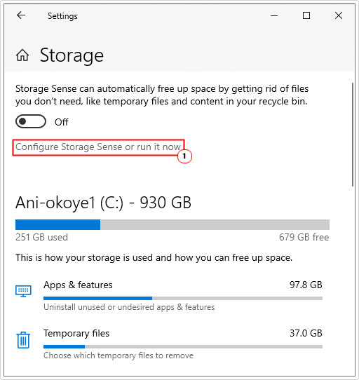 click on Configure Storage Sense or run it now in storage