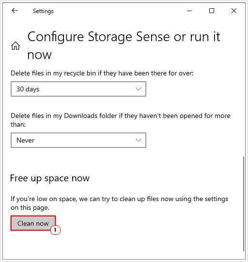 select clean now in storage sense options
