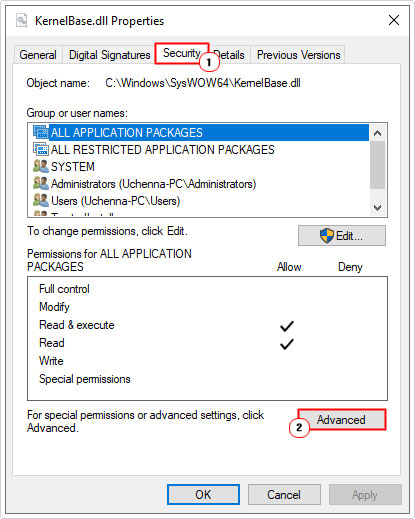 select advanced from security tab