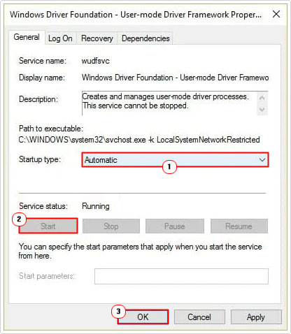 set Windows Driver Foundation to automatic then start it