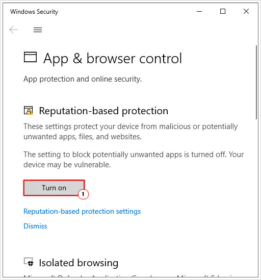 switch off Reputation-based protection in windows security 