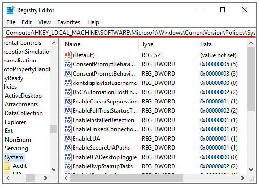 go to Policies\System path in registry editor