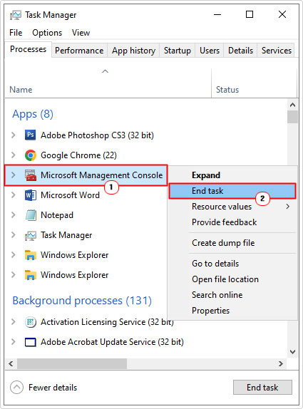 close Microsoft Management Console in task manager