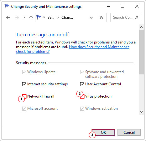 disable virus and firewall messages in Change Security and Maintenance settings