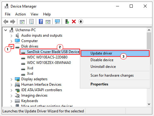 select Update driver for hard drive in disk drives