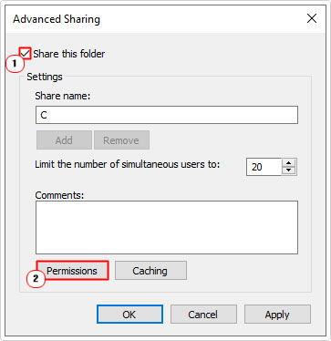 select Permissions from advanced sharing applet
