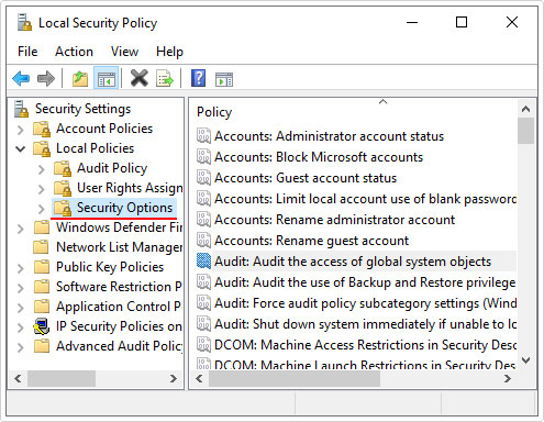 navigate to Security Options path in local security policy